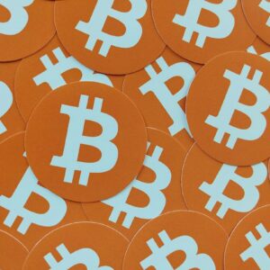 Viele Bitcoins Logo Aufkleber rund orange vegan